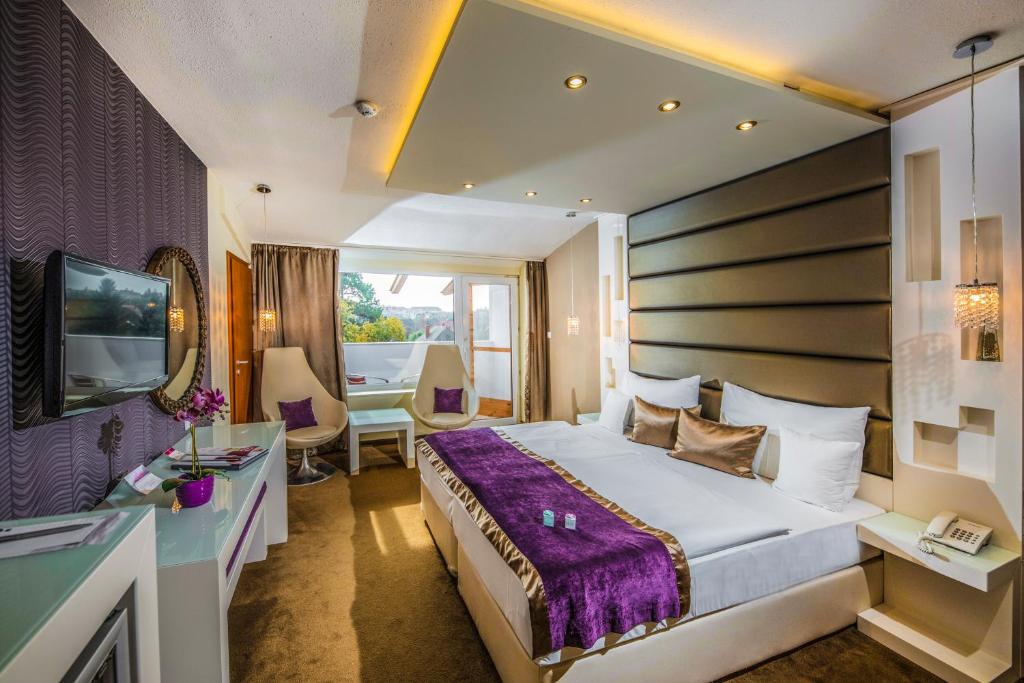 希欧福克Residence Hotel Balaton的酒店客房设有一张大床和一台电视。