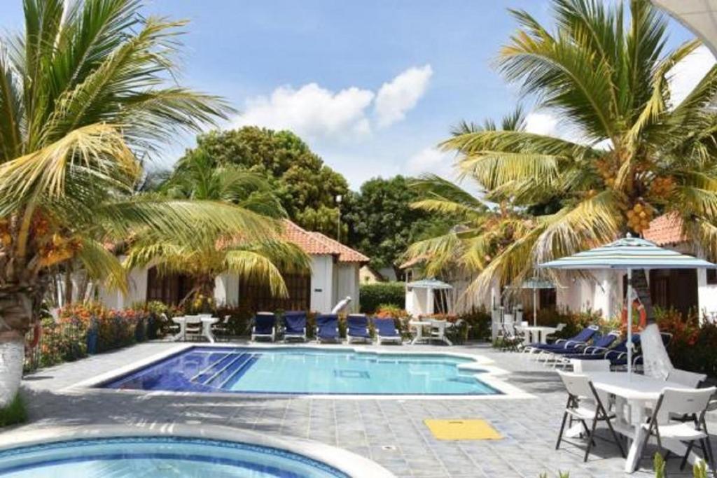 科韦尼亚斯亚特兰蒂斯民宿的一座棕榈树和椅子的游泳池