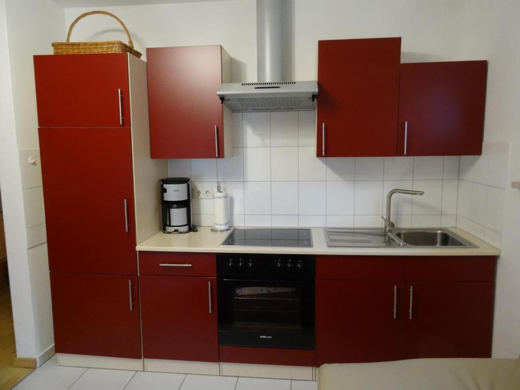 韦尼格罗德Ferienwohnung Am Wildmeisterweg的一间带红色橱柜和水槽的厨房