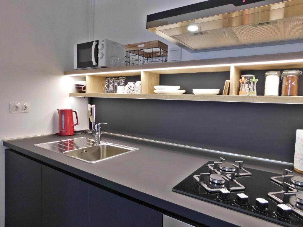 萨格勒布New cosy apartment near Arena的厨房柜台设有水槽和炉灶。