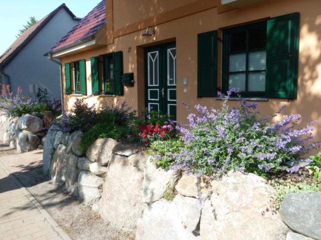 欧巴德伍斯图Ferienwohnung Thum的石墙前有鲜花的房子