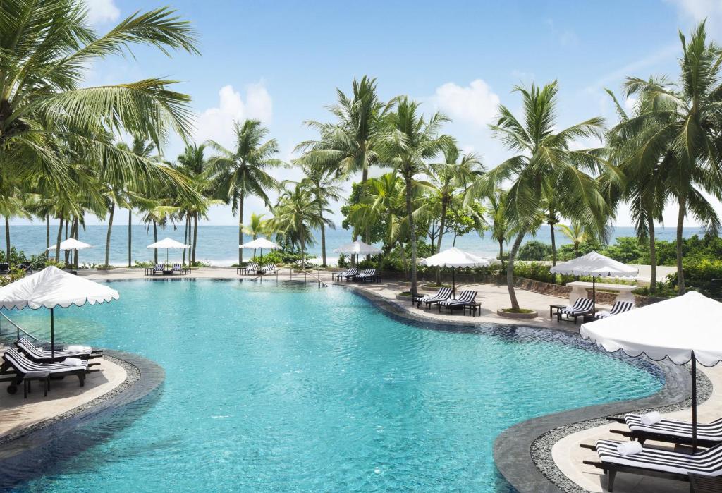 本托塔Taj Bentota Resort & Spa的一座棕榈树、椅子和遮阳伞的游泳池