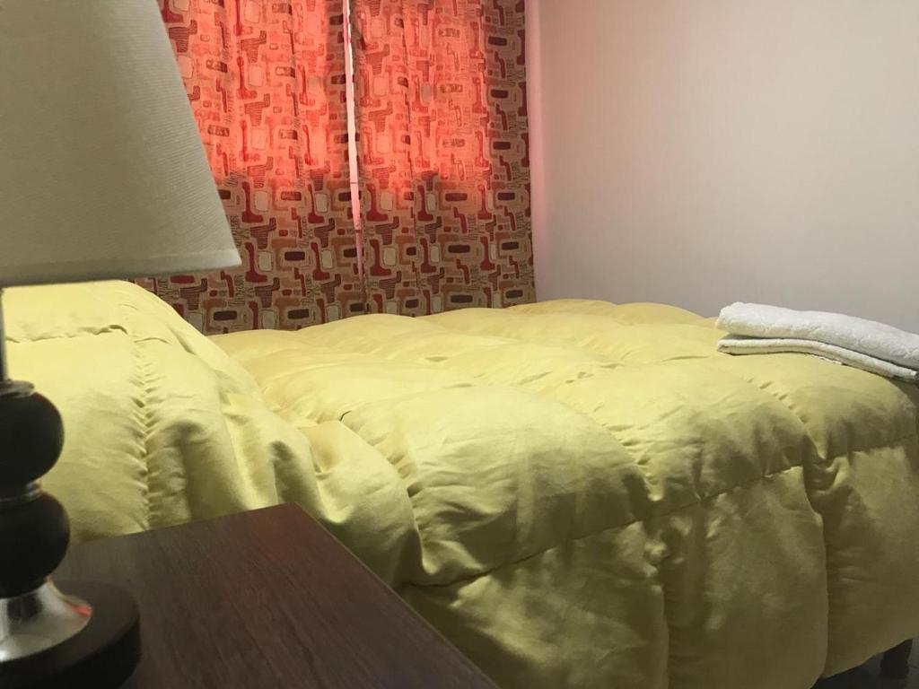 乌斯怀亚Del Bosque 487 Apartamento的一间卧室配有一张床和一张带台灯的桌子