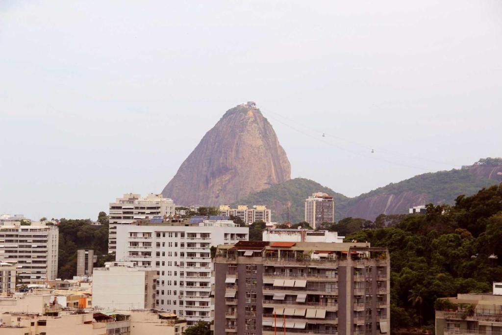 里约热内卢Estúdio Laranjeiras的一座城市背景中的山,有建筑