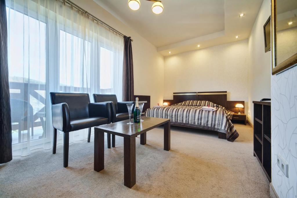 克雷尼察Hotel Orlik的酒店客房配有床、桌子和沙发。