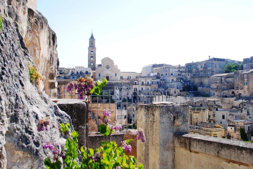 马泰拉L' Abbraccio dei Sassi的从鲜花盛开的山丘上欣赏到城市美景
