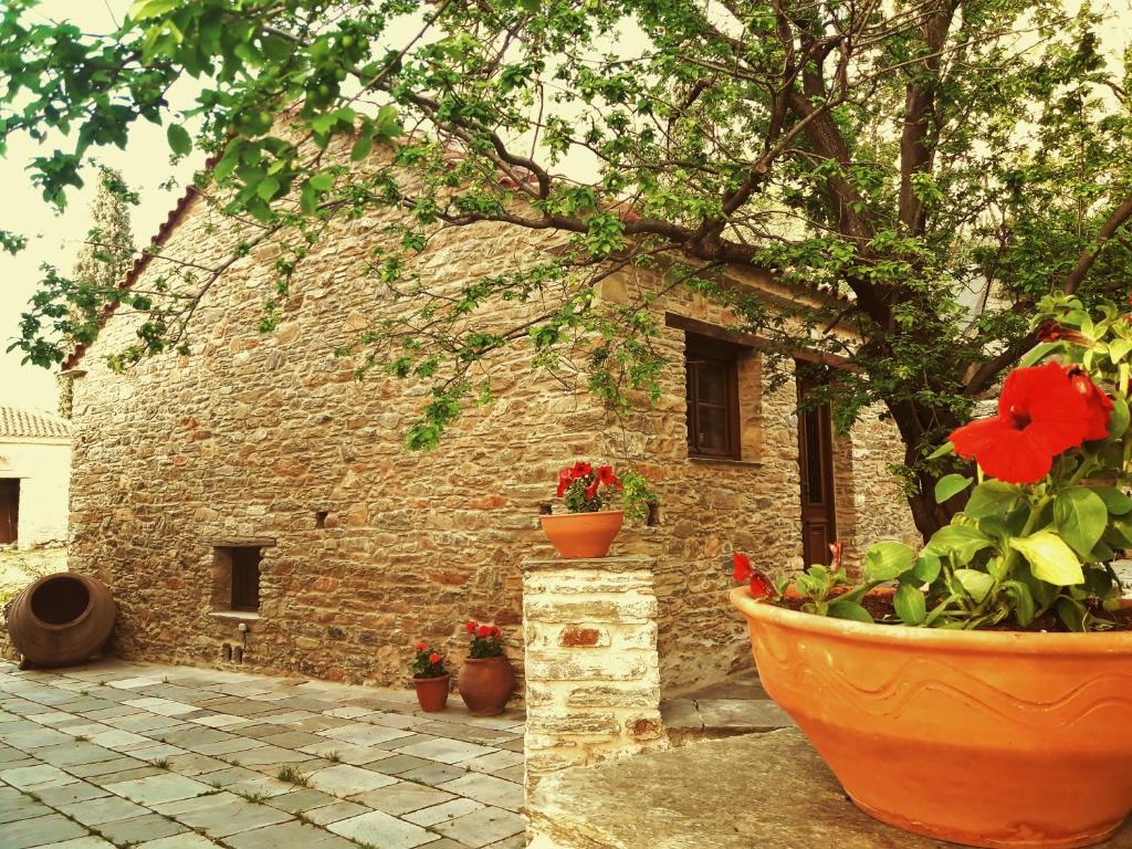 沃洛斯Paradosiako Saratsi - Traditional Guest House的一座石头建筑,前面有花盆