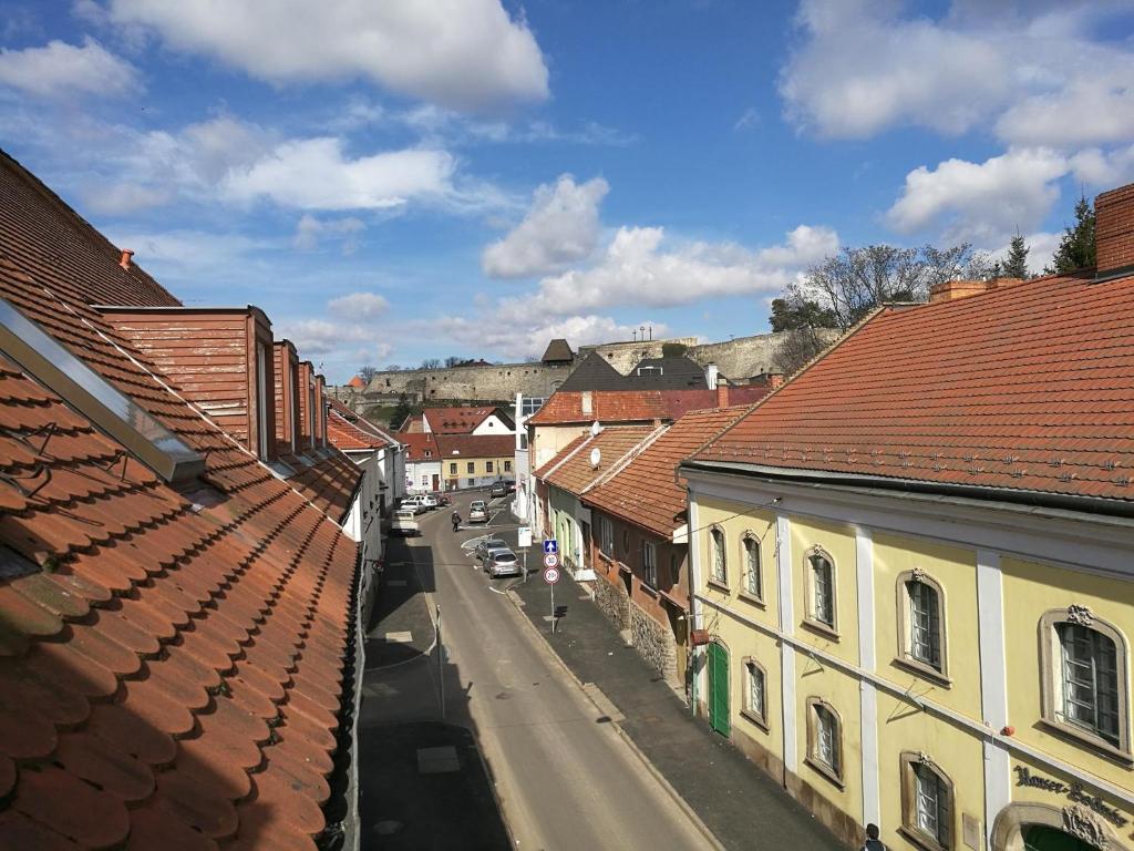 埃格尔Filsdeger Royal Panzió的享有街道和建筑屋顶的景色