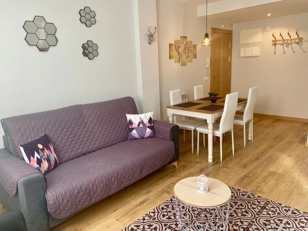 贝纳斯克Apartamentos Maladeta的客厅配有紫色沙发和桌子