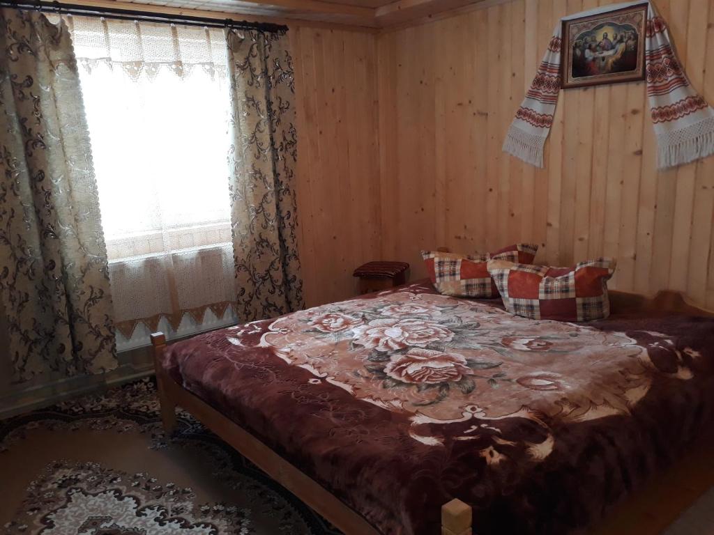 亚布卢尼齐亚Яблуневий сад的一间卧室设有一张大床和一个窗户。