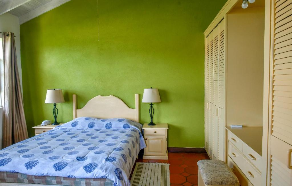 圣詹姆斯Best E Villas Prospect St James的一间卧室设有一张床和绿色的墙壁
