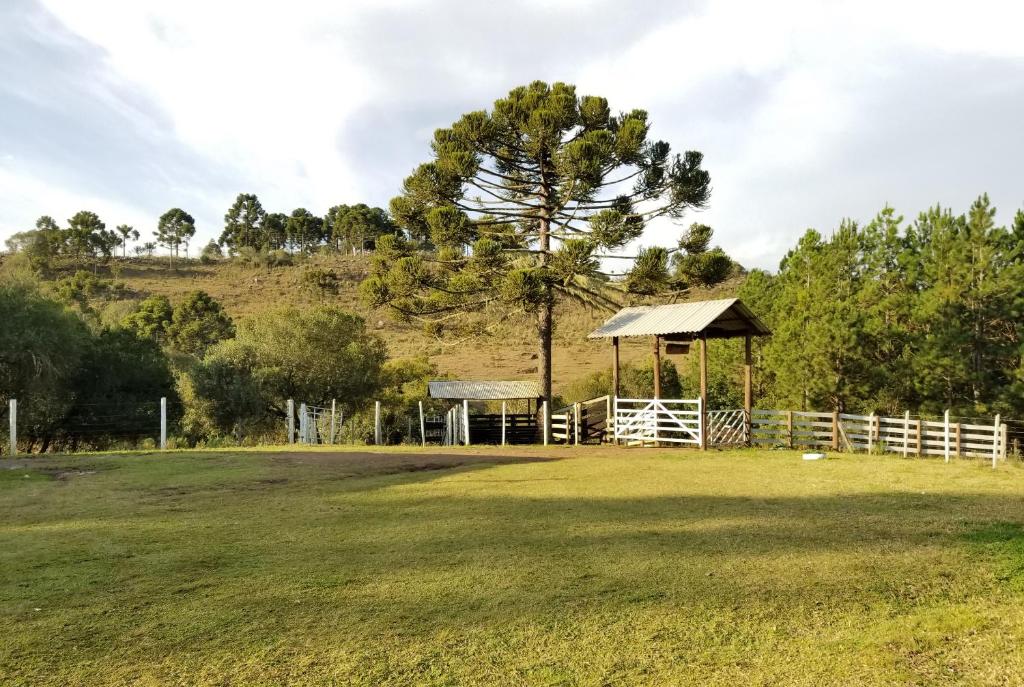 乌鲁佩马Casa de Campo Passo do Tatu的田野,有凉亭和树