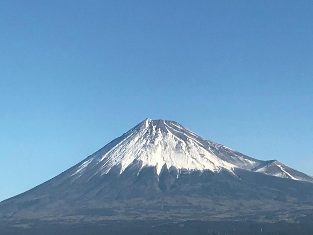 富士市Bougakuan的白雪覆盖的山,以蓝天为背景