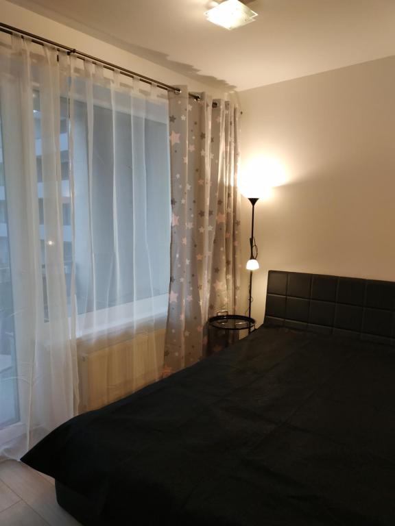 科希策Košice Smart Apartmán的一间卧室设有一张床和一个大窗户