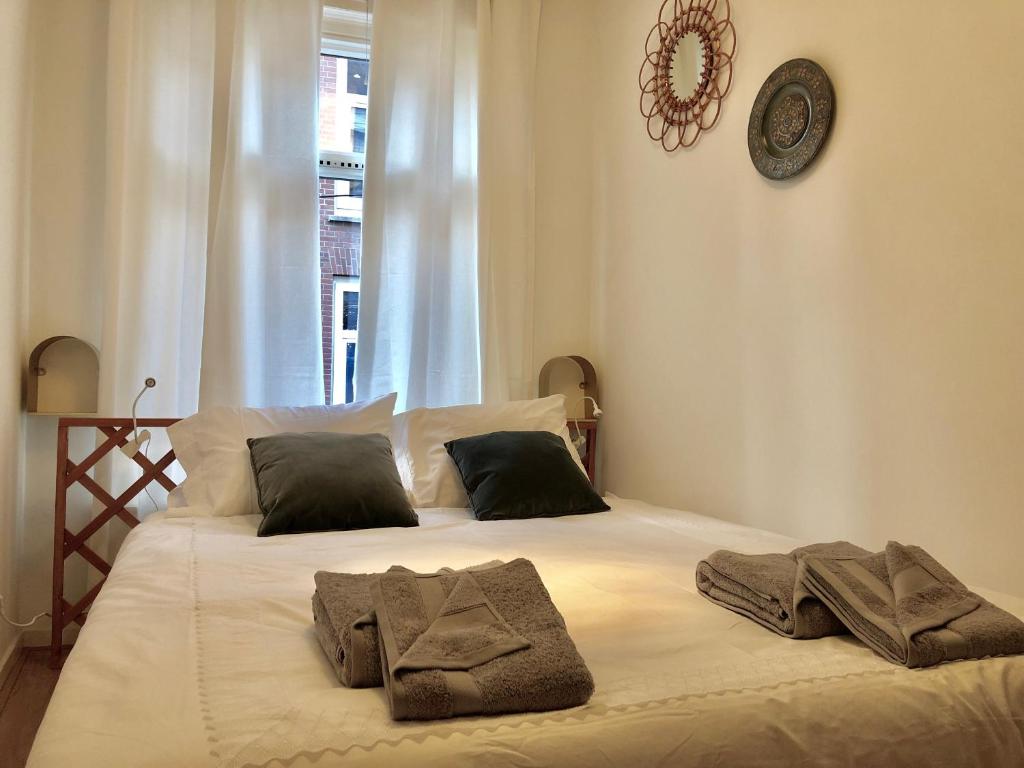 阿姆斯特丹Bee Amsterdam - central apartment in the trendy Jordaan的一间卧室配有带毛巾的床