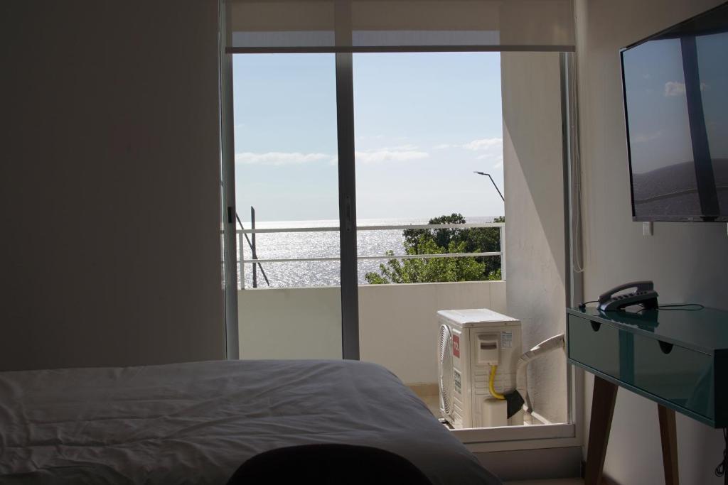 科洛尼亚-德尔萨克拉门托Dos Orillas Monoambiente 412的一间卧室设有一张床和一个美景窗户。