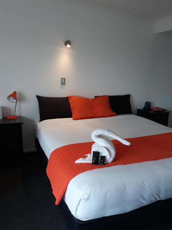 MokauMokau Motels的酒店客房,配有一张带摄像头的床