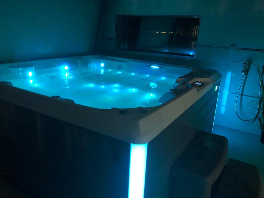 弗龙蒂尼昂FLAMANTS ROSES 3的深色客房内的蓝色浴缸