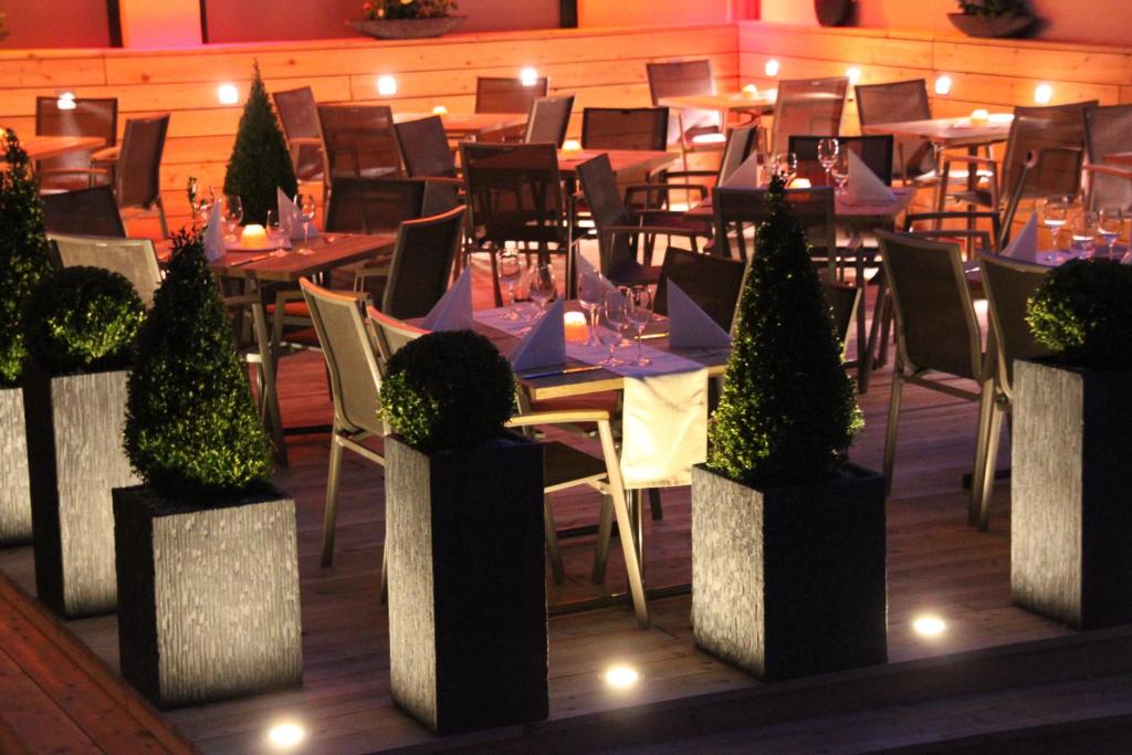 萨尔察赫河畔戈灵Economy Adler的用餐室配有桌椅和植物