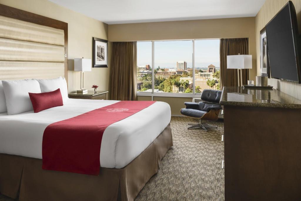 洛杉矶USC Hotel的一间酒店客房,设有一张大床和一个大窗户