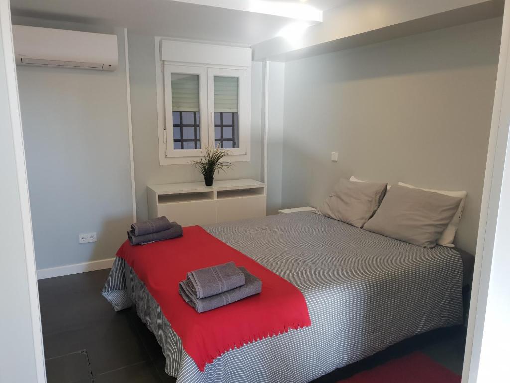 马德里WindRose 0的一间卧室配有一张带红色毯子的床