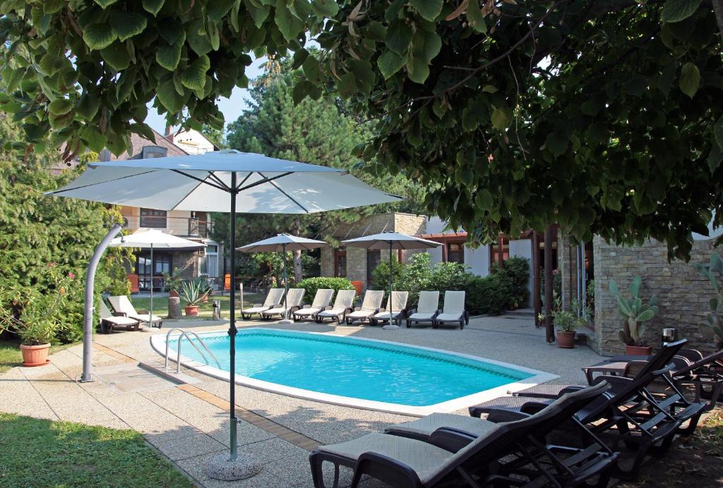 蒂豪尼阿德勒酒店及健康中心的游泳池旁配有椅子和遮阳伞