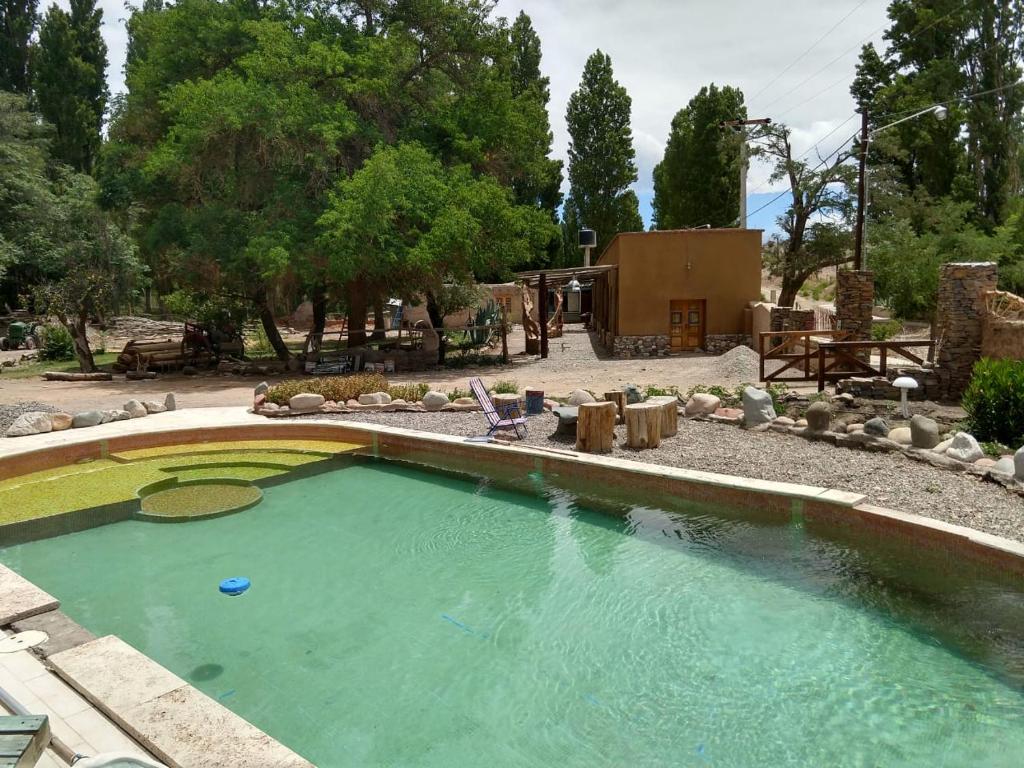 Las FloresLa Comarca del Jarillal的一座带房子的庭院内的大型游泳池