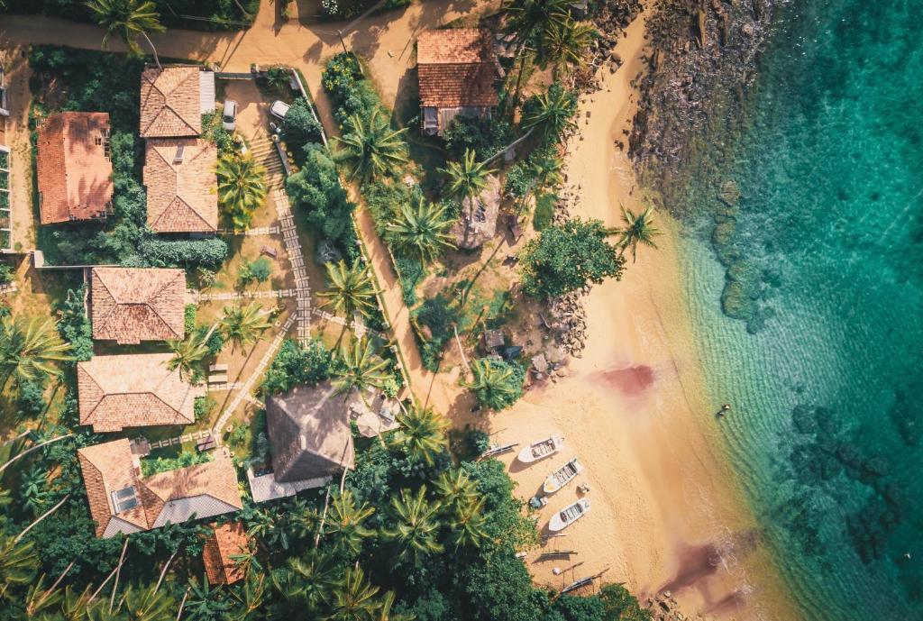 坦加拉阿迦瑟夫风景度假屋的享有棕榈树海滩和大海的空中景致