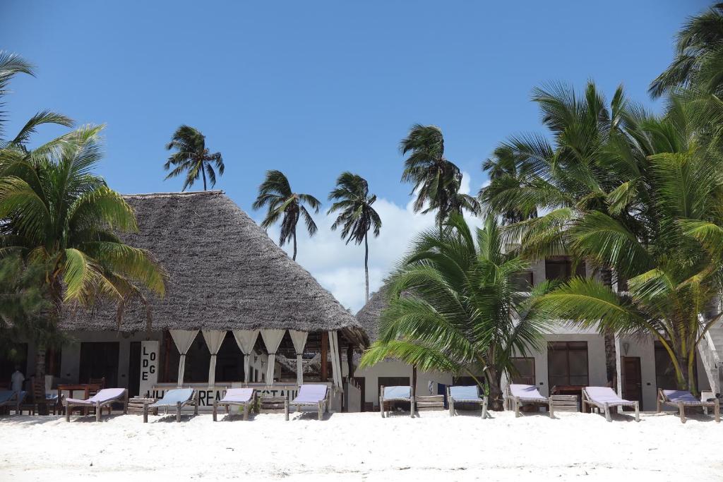 吉汶瓦White Dream的海滩上的度假村,设有椅子和棕榈树