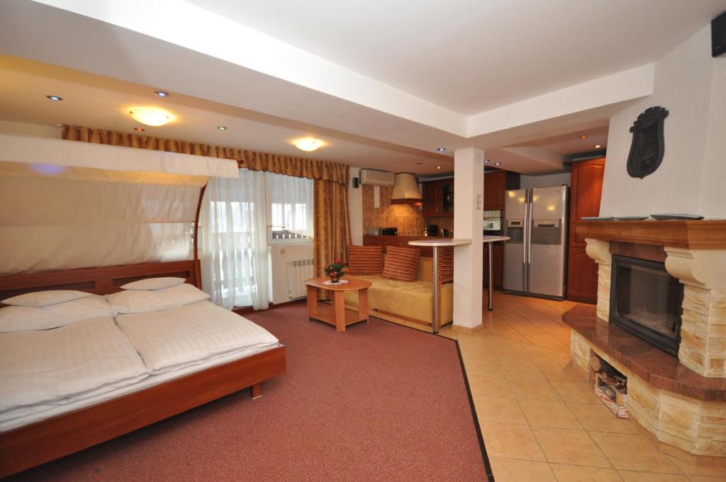 扎科帕内Willa Hostel Kasprowy的一间卧室设有一张床,客厅设有壁炉。