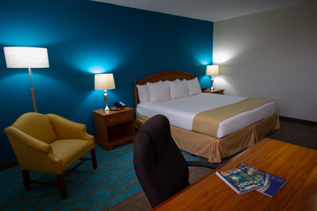 庞塞Caribe Hotel Ponce的配有一张床和一把椅子的酒店客房