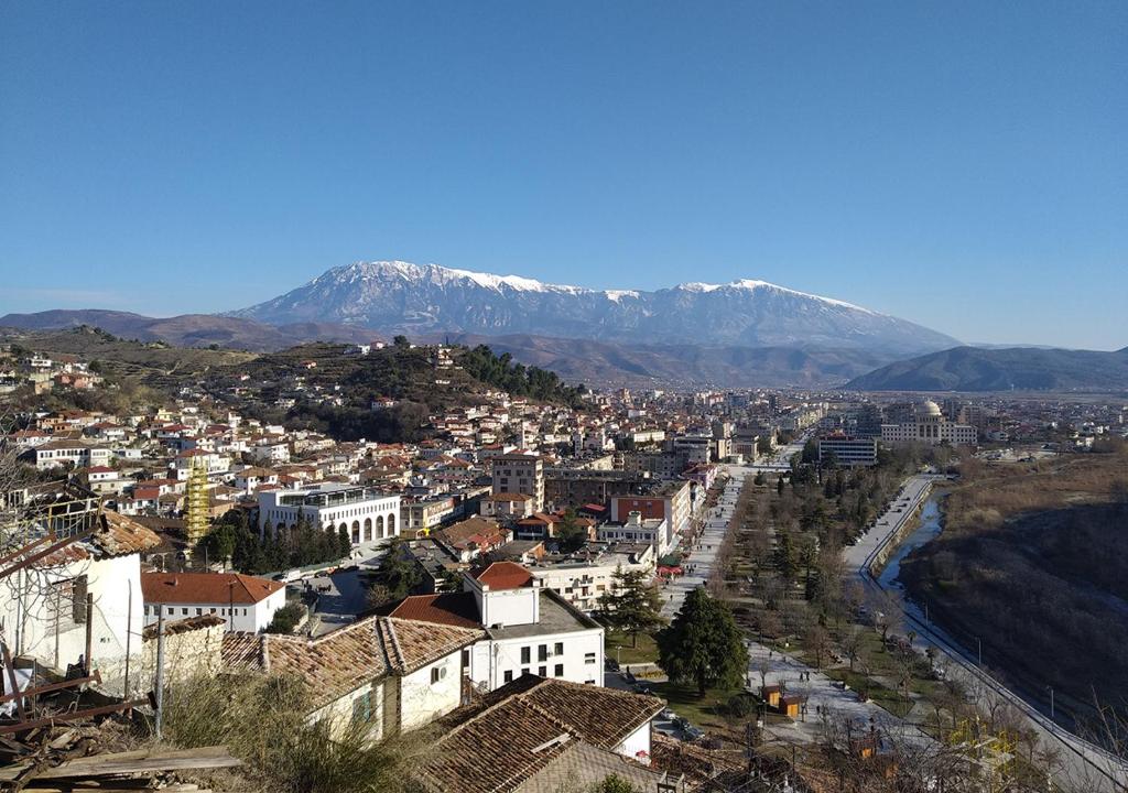 培拉特Guest house Hava Baci的享有以山脉为背景的城市美景