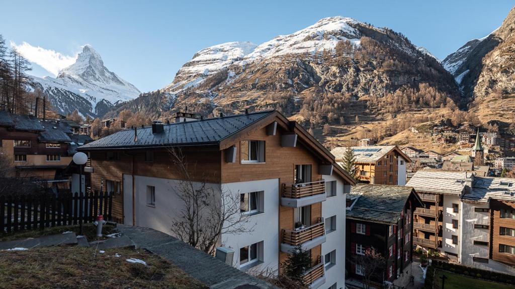 采尔马特Malteserhaus Zermatt的享有以山脉为背景的城市美景