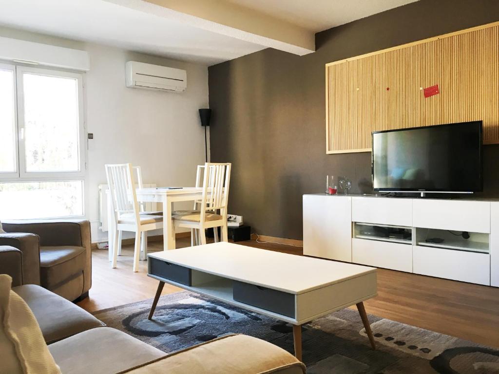 马赛Mélanie Marseille的带沙发、电视和桌子的客厅