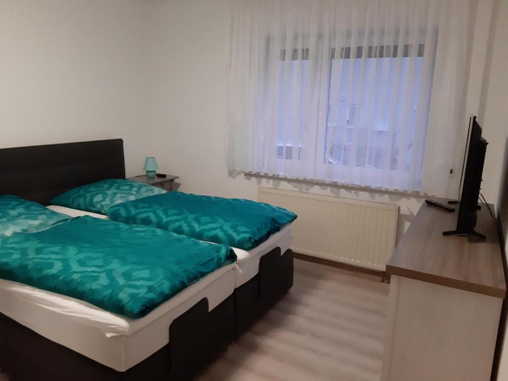 梅泽堡Ferienwohnung Elias的一间卧室配有两张床和一台平面电视