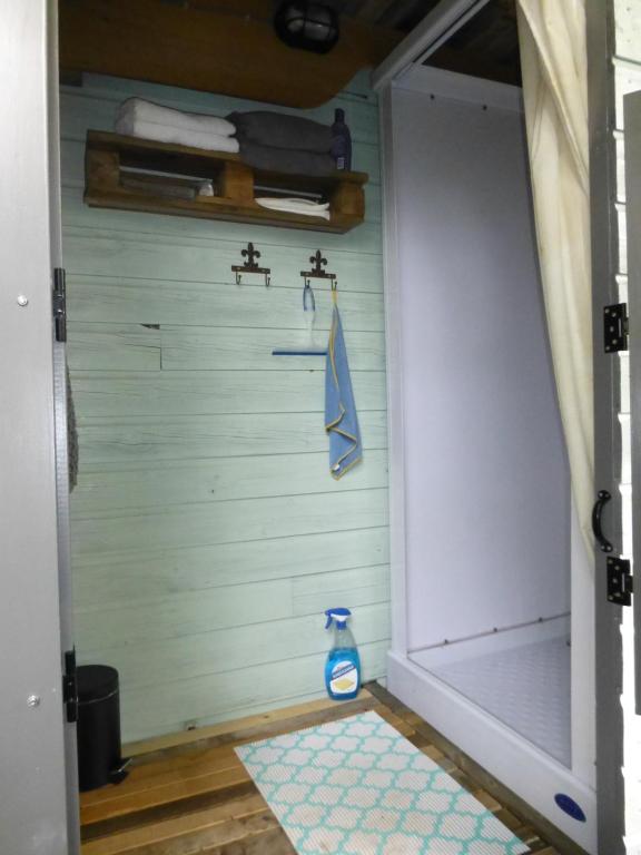 De PasPipowagen Lent的通往一个带淋浴和地毯的房间的门