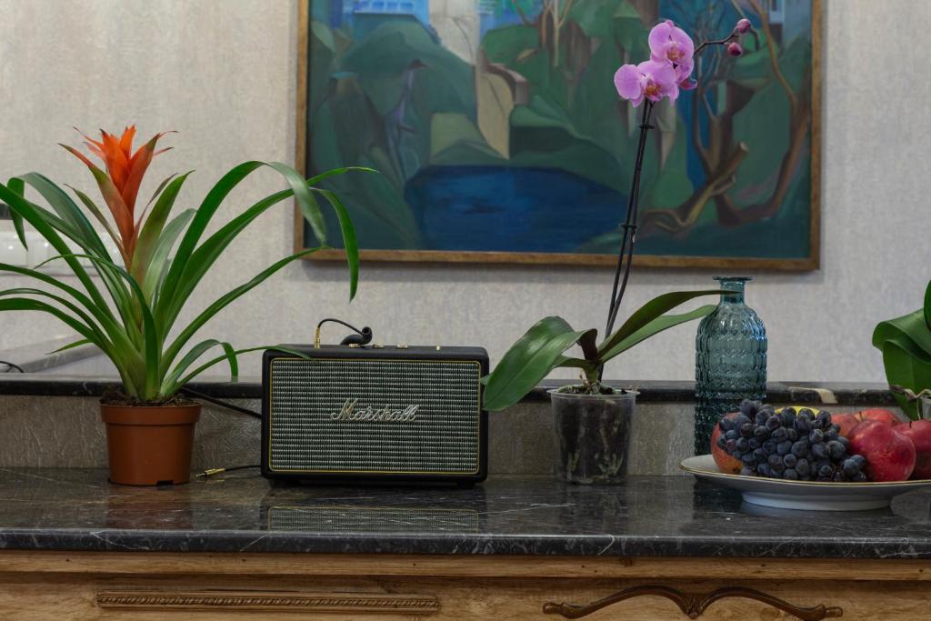 第比利斯Omart Hotel - Gallery的一张桌子,放着收音机和一碗水果