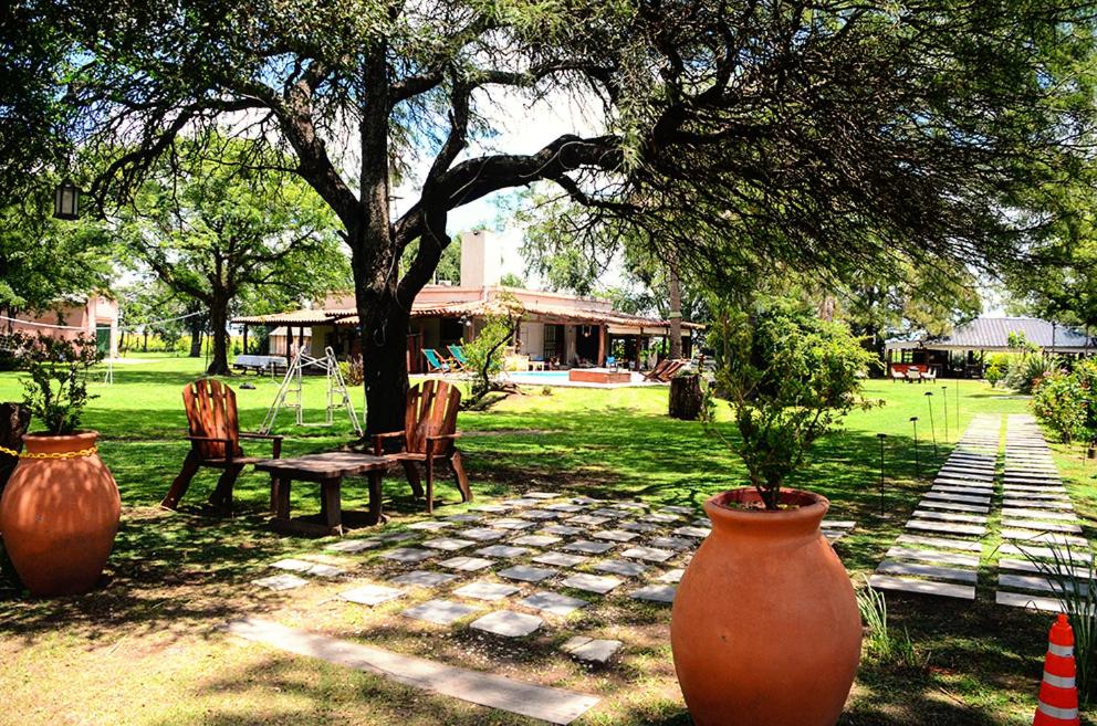 玛利亚镇La Isolina Club de Campo的花园,花园内有两只大花瓶,一张桌子和一棵树