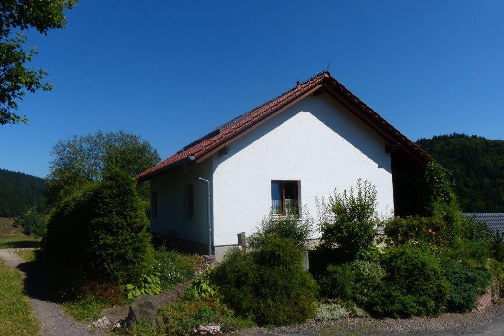 GießübelFerienhaus am Löffelberghüttchen的一间白色的小房子,有红色的屋顶