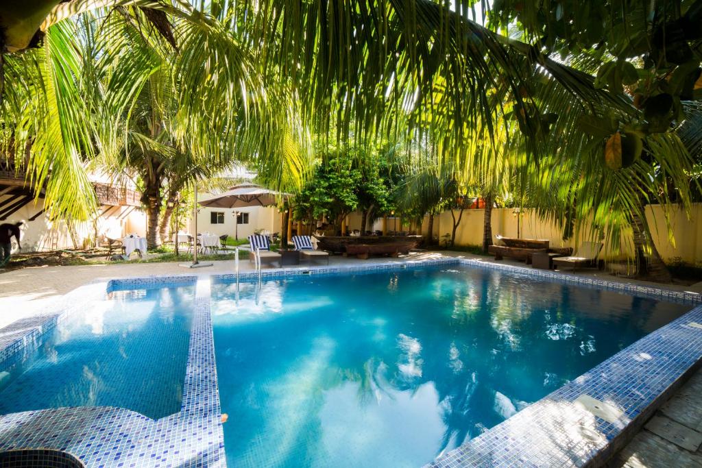 桑给巴尔Antonio Garden Hotel的一座棕榈树覆盖的大型游泳池