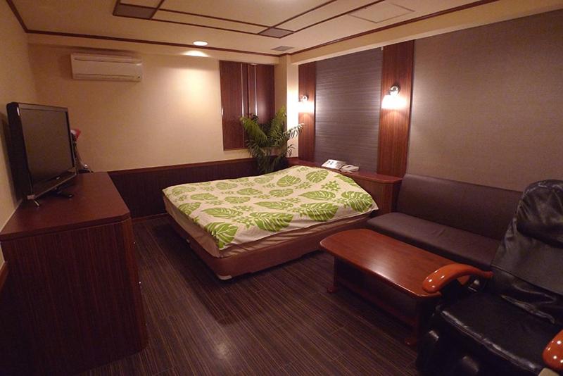 厚木Hotel GOLF Atsugi (Adult Only)的酒店客房,配有床和沙发