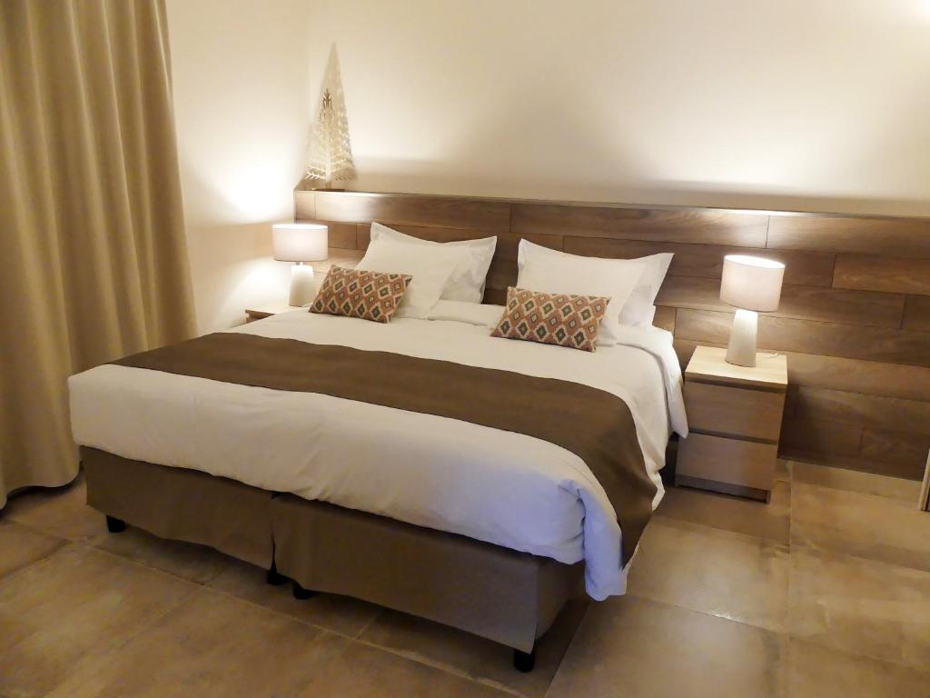 阿姆博斯Chambres D'hôtes Les Ambaciales的一间卧室配有一张大床和两盏灯