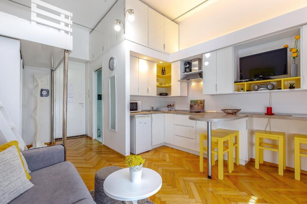里耶卡皮拉米达公寓的厨房以及带沙发和桌子的客厅。