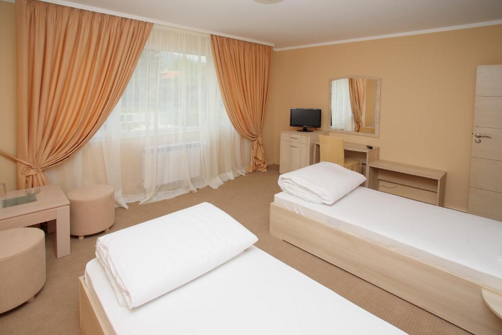索非亚戴安娜家庭酒店的一间卧室设有两张床、一张桌子和一个窗口。