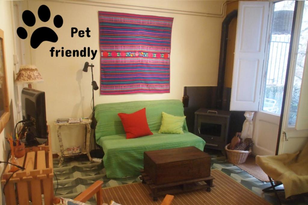 里贝斯的弗里瑟Can Bonshoms的客厅配有带色彩缤纷枕头的绿色沙发