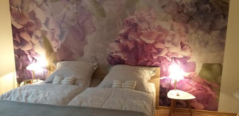纽伦堡Wohnung im Dreistädteeck的一间卧室设有华丽的墙壁、一张床和两盏灯。