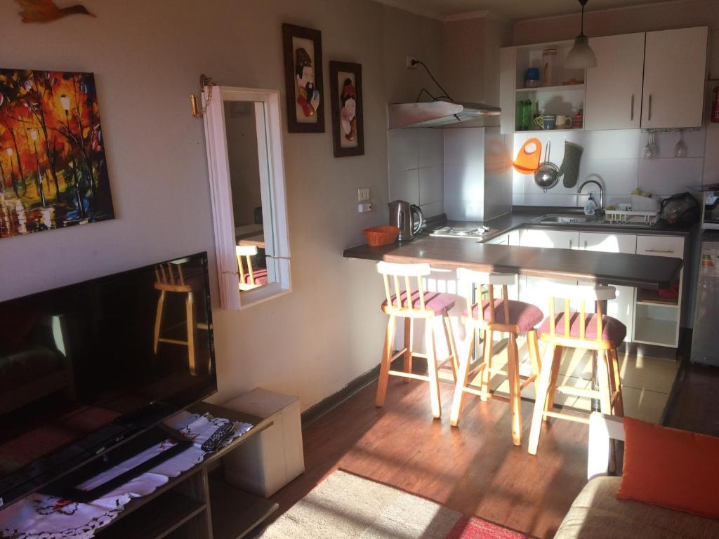 圣地亚哥Apartamentos Armando的厨房以及带柜台和凳子的客厅。