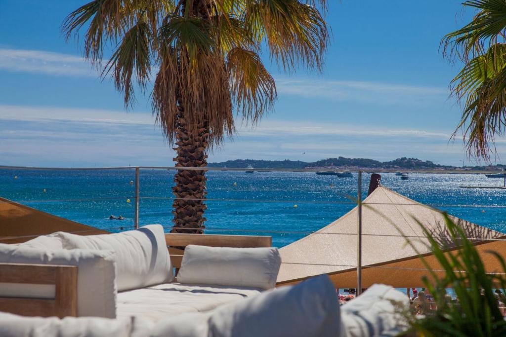 格里莫维克斯兰德假日酒店的享有大海和棕榈树景致的客厅