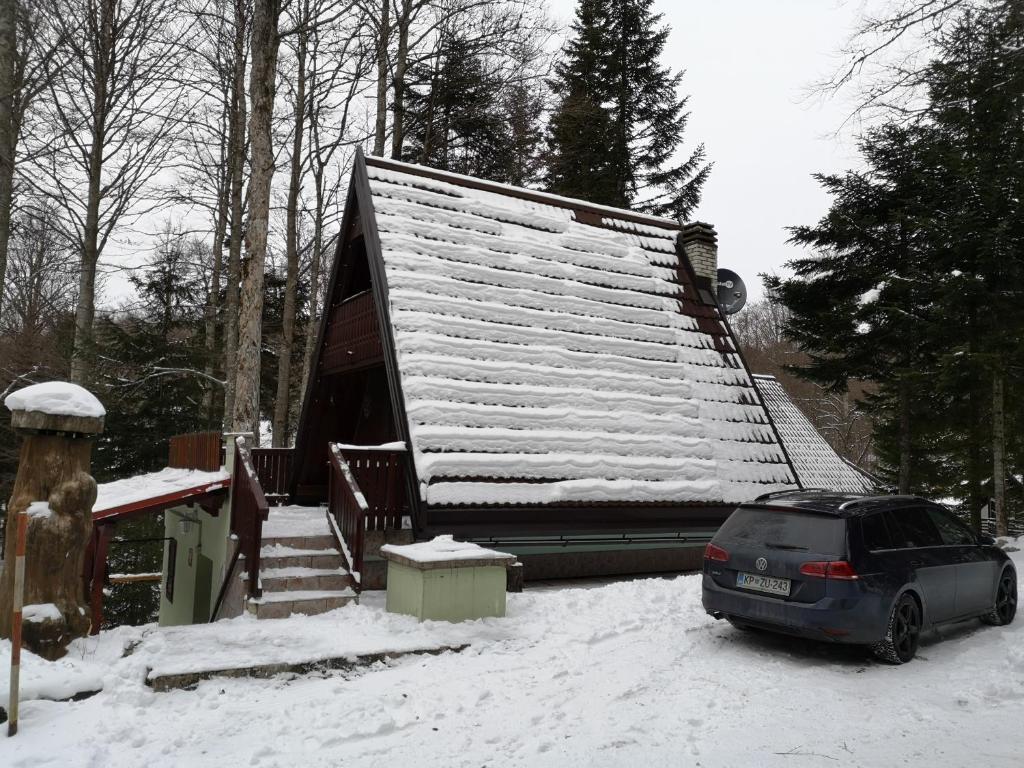 伊利尔斯卡比斯特里察KOČA PLANIKA, SVIŠČAKI的雪中停在房子前面的汽车