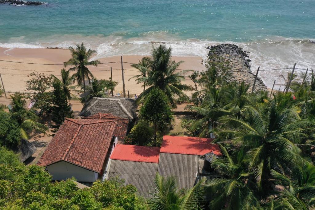 坦加拉Sunchaser Beach Hotel的享有棕榈树海滩和大海的空中景致